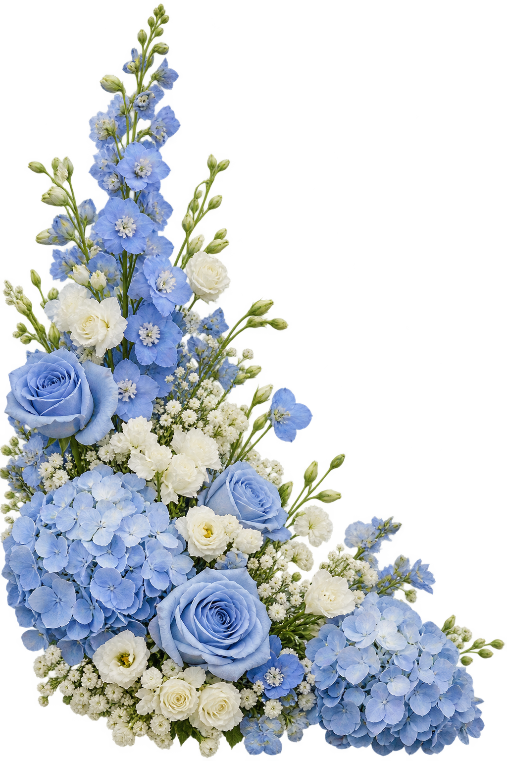 Composizione di ortensie e fiori blu